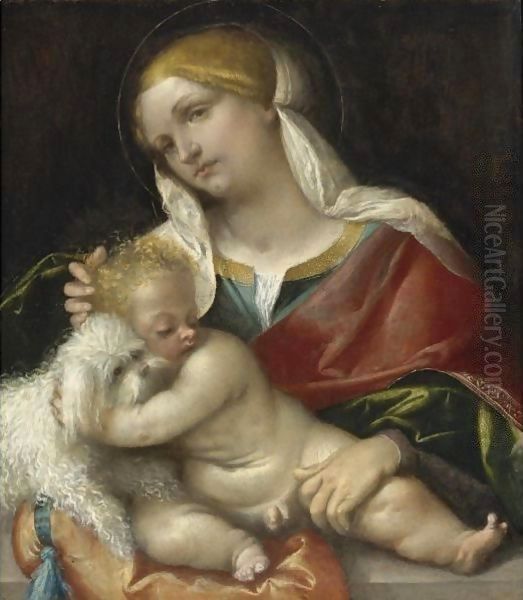 Madonna And Child With A Dog Oil Painting by Alessandro Bonvicino (Moretto da Brescia)