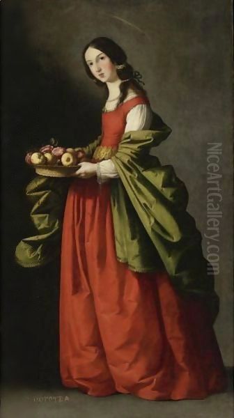 Saint Dorothy, Full-Length, Holding A Basket Of Apples And Roses Oil Painting by Francisco De Zurbaran