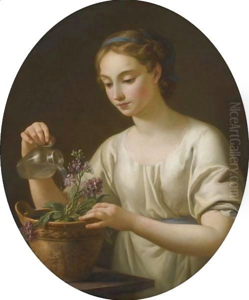 A Young Woman Watering A Pot Of Flowers, La Jeune Athenienne Oil Painting by Joseph-Marie Vien