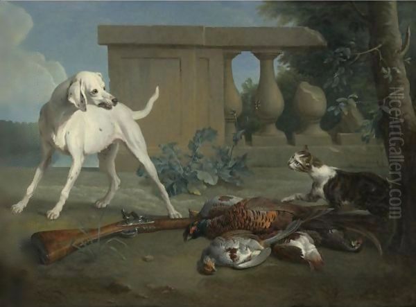 A Hound Protecting A Bag Of Game From A Cat Oil Painting by Alexandre-Francois Desportes