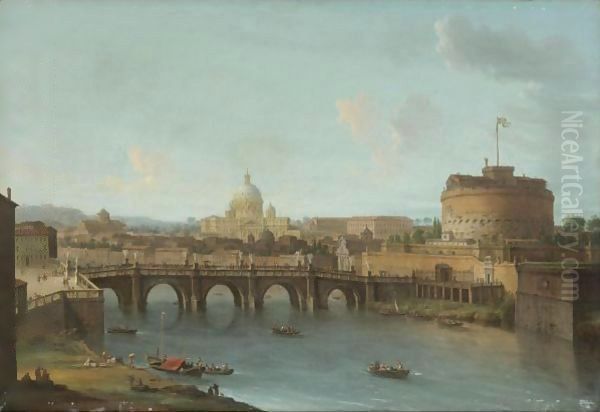 Rome, A View Of The Tiber With The Ponte And Castel Sant'Angelo, St. Peter's Basilica And The Vatican Beyond Oil Painting by Antonio Joli