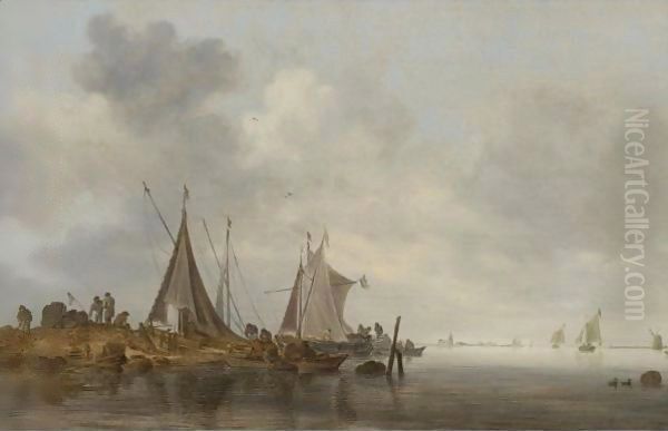 Fishing Boats Moored At An Embankment Oil Painting by Jan van Goyen