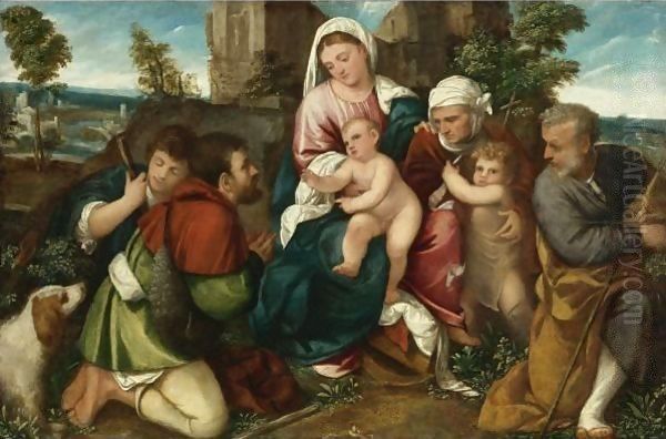 Holy Family With Saint Elizabeth, The Infant St. John, And Two Shepherds Oil Painting by Bonifazio Veronese