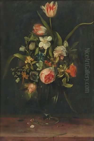 Still Life Of Roses, Tulips, Narcissus And Other Flowers In A Glass Vase Oil Painting by Frans Ykens