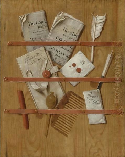 Trompe L'Oeil Still Life Of A Letter Rack Holding Newspapers, Letters, A Comb, A Knife, A Quill, Wax And A Seal Oil Painting by Edwart Collier