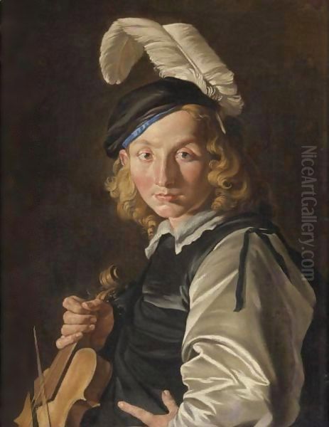 Young Man With A Fiddle Oil Painting by Matthias Stomer