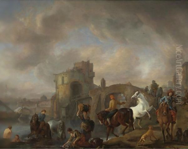 A Horse Pond Oil Painting by Pieter Wouwermans or Wouwerman