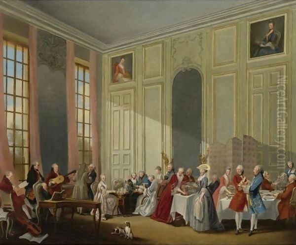 Mozart Giving A Concert In The 'Salon Des Quatre-Glaces Au Palais Dutemple' In The Court Of The Prince De Conti Oil Painting by Michel-Barthelemy Ollivier