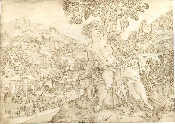 Bacchus Seated In A Landscape, The Harvest To His Right And A Town Below An Allegory Of Autumn Oil Painting by Maarten de Vos