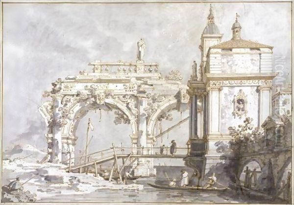 An Architectural Capriccio With A Pavilion And A Ruined Arcade On The Water's Edge Oil Painting by (Giovanni Antonio Canal) Canaletto