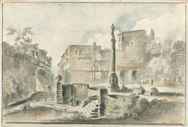 View Of A Piazza With An Obelisk By The Walls Of A City, Washerwomen In The Foreground Oil Painting by Jean-Baptiste Lallemand