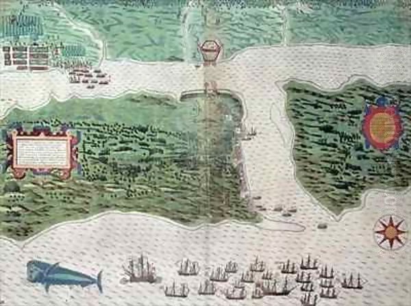 Map depicting the destruction of the Spanish colony of St. Augustine in Florida on 7th July 1586 by the English fleet commanded by Sir Francis Drake (1540-96) Oil Painting by Baptista Boazio