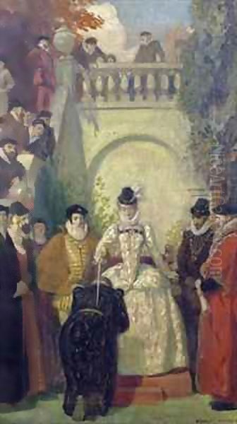 Queen Elizabeth I knighting Sir John Young on the steps of his property, The Great House, Bristol Oil Painting by Ernest Board