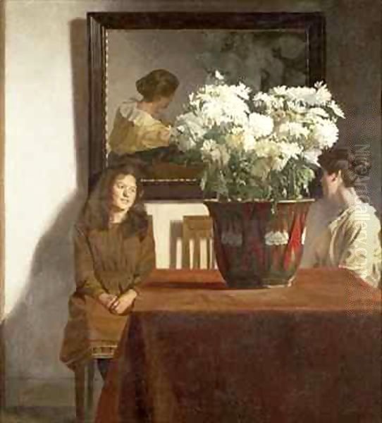 Figures with a Bowl of White Chrysanthemums Oil Painting by Gustav Wilhelm Blom