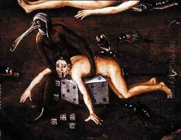 The Inferno, detail of a man lifted onto a dice by a creature with a bird's Oil Painting by Herri met de Bles