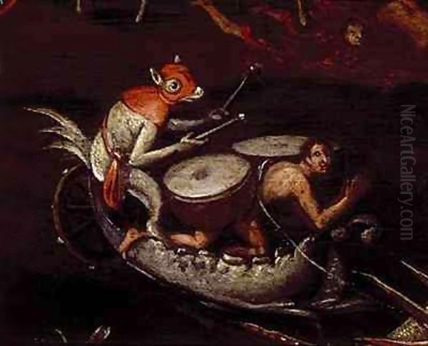 The Inferno, detail of fantastical animals playing the drums on a boat Oil Painting by Herri met de Bles