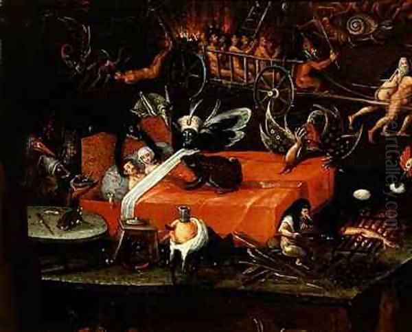 The Inferno, detail of a couple in bed surrounded by monstrous animals Oil Painting by Herri met de Bles