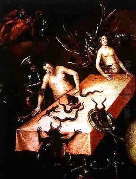 The Inferno, detail of two people around a table with demons Oil Painting by Herri met de Bles