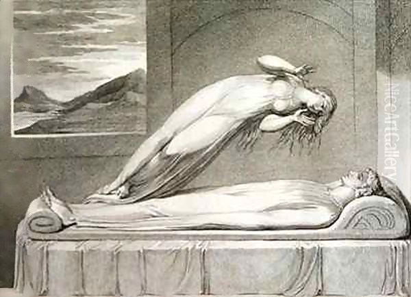 The soul hovering over the body reluctantly parting with life Oil Painting by William Blake