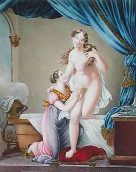 Woman Getting Out of her Bath, assisted by her Maid Oil Painting by Blaizot