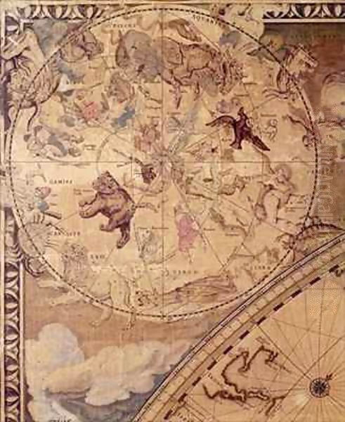 Top left section of 'Nova Totius Terrarum Orbis Tabula' (World Map) showing Astrological Signs of the Zodiac Oil Painting by Joan Blaeu