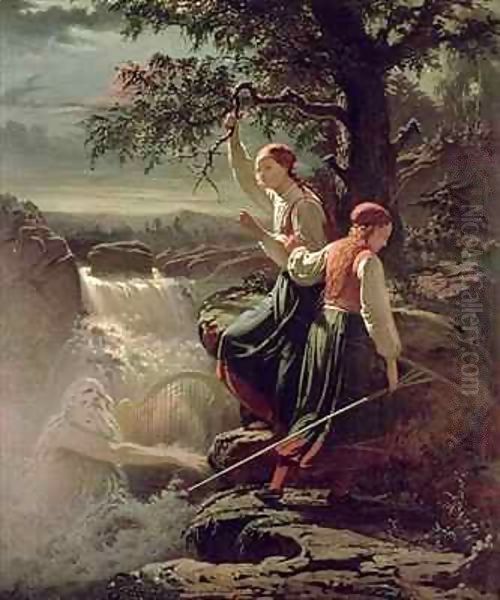 Two Peasant Girls Listening to the Playing of the Water-Sprite Oil Painting by Johan Blackstadius