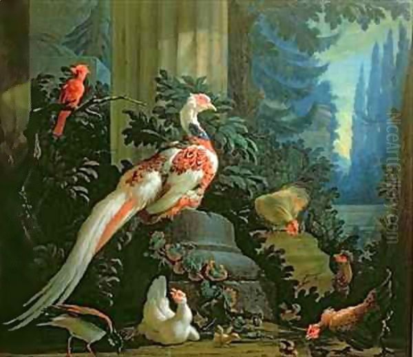 A White Pheasant, a Red Cardinal and Fowl in a Landscape Oil Painting by Abraham Bisschop Dordrecht