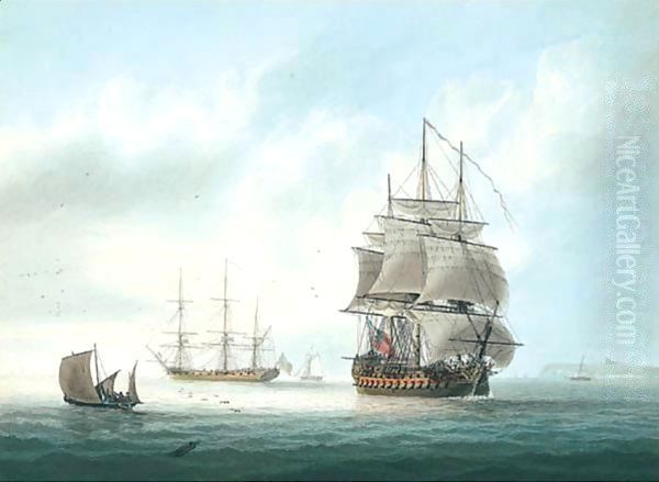 A Two-decker And Other Shipping Off The South Coast Oil Painting by Samuel Atkins