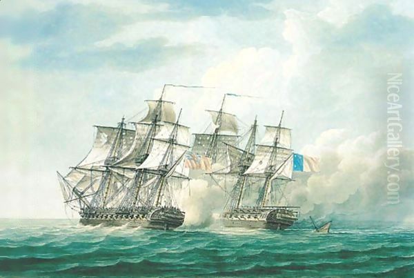 Frigate Action During The Napoleonic War Oil Painting by Thomas Buttersworth