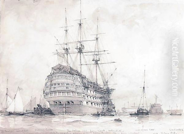 H.M.S. Prince - First-rate, Portsmouth Harbour, 10th June 1828 Oil Painting by Edward William Cooke