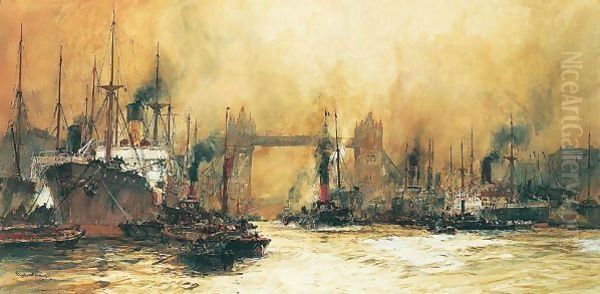 Tower Bridge From The Lower Pool, London Oil Painting by Charles Edward Dixon