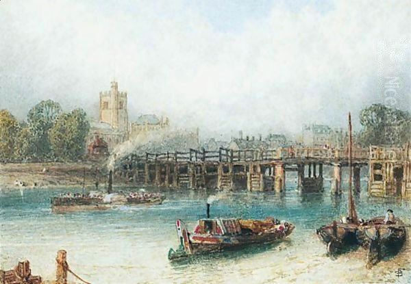 Boats On The Thames At Putney Bridge Oil Painting by Myles Birket Foster