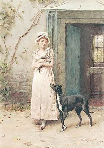 A Young Lady With A Dog And Kitten Standing In A Cottage Doorway Oil Painting by George Goodwin Kilburne