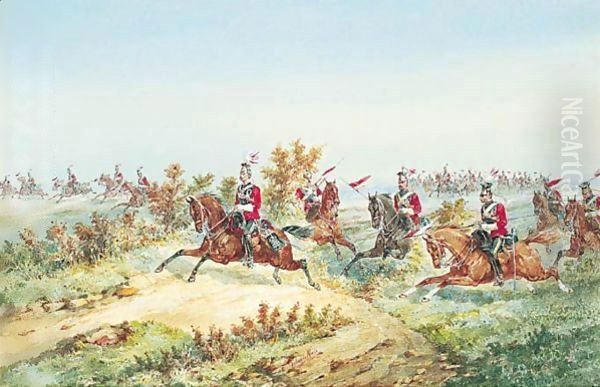 The 16th Queen's Lancers On Manoeuvres Oil Painting by Orlando Norie