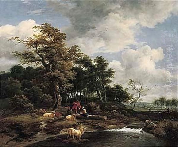 A Wooded Landscape With A Shepherd And Shepherdess Resting With Their Flock By A River Oil Painting by Jacob Van Ruisdael