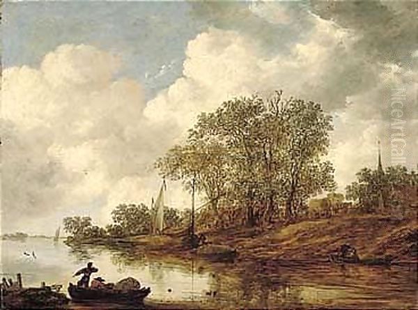 A River Landscape With Hay Barges Moored Near A Village Oil Painting by Jan van Goyen