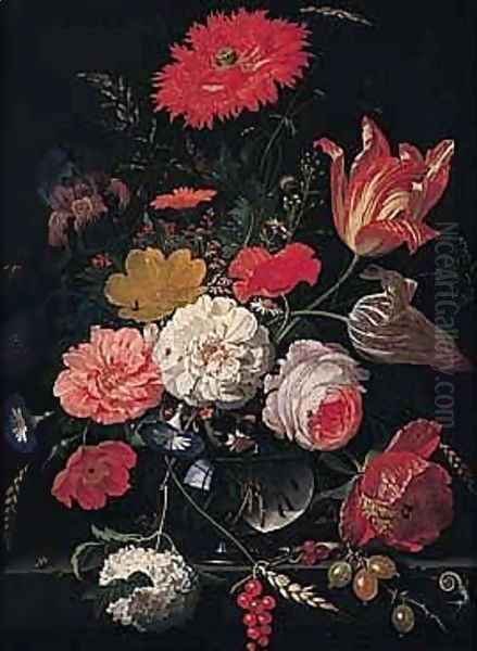 A Still Life Of Tulips, Roses, A Peony, An Iris, Several Varieties Of Poppy, Daisies, A Snowball, Convolvulus, Cow-parsley, Ears Of Corn In A Glass Vase On A Stone Ledge Oil Painting by Abraham Mignon