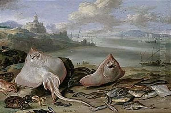 A Beach Scene With Rays, Eels, A Hermit Crab, Red Mullet, A Tortoise, And Other Fish Oil Painting by Jan van Kessel