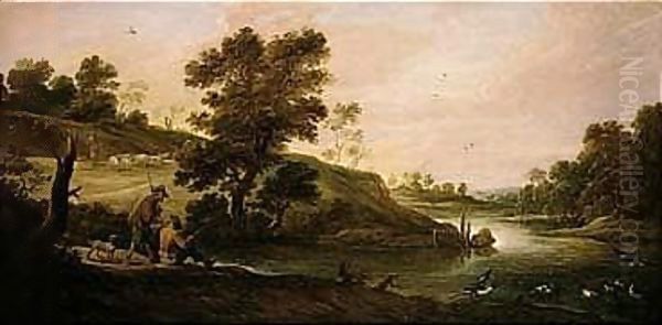 A River Landscape With Fishermen And Shepherds Oil Painting by David The Younger Teniers