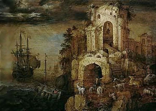 A Coastal Scene Under A Glowering Sky, With Goats And Other Animals And Peasants Among Ruins, A Man-o'-war And Small Vessels Offshore Oil Painting by Roelandt Jacobsz Savery