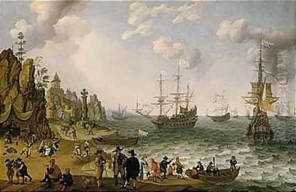 Elegant Figures, Dancing Peasants And Other Figures On A Rocky Shore, Royal Yachts And Other Shipping Vessels On Choppy Seas Beyond Oil Painting by Isaac Willaerts