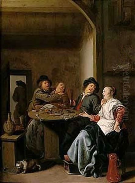 A Tavern Interior With Two Courting Peasant Couples Seated At A Table, Strewn With Food And Drink Oil Painting by Jan Miense Molenaer