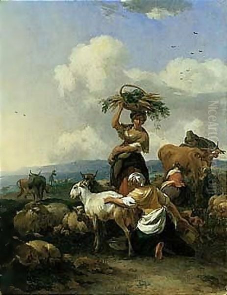 Peasants And Animals In An Italianate Landscape Oil Painting by Nicolaes Berchem