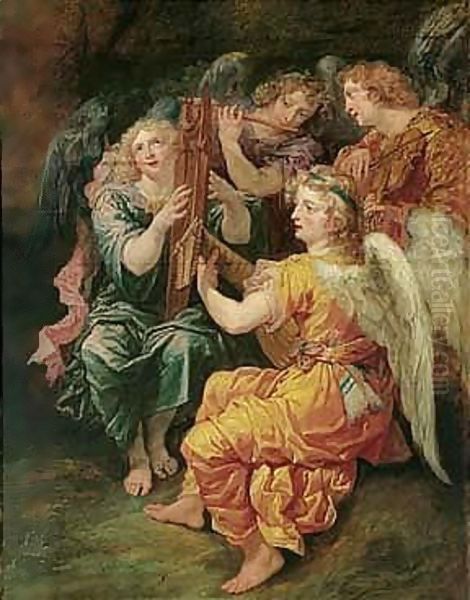 Music-making Angels Playing The Harp, Flute, Viola And Lute Oil Painting by Theodor Van Thulden