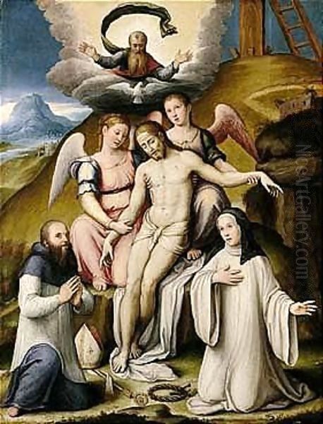 Pieta With Two Angels And A Bishop And A Nun Kneeling Before The Dead Christ Oil Painting by Luca Longhi