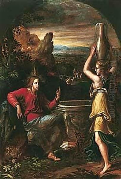 Christ And The Woman Of Samaria Oil Painting by Girolamo da Carpi