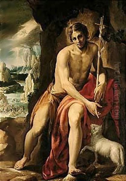 Saint John The Baptist In The Wilderness, The Baptism Of Christ In The Distance Oil Painting by Orazio Borgianni