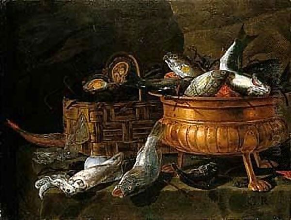 Still Life Of Oysters In A Basket, Fish In A Brass Bowl, And Squid And Other Fish Arranged On A Ledge by Giuseppe Recco