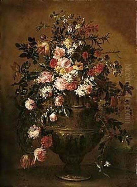 A Still Life Of Flowers In An Ornamental Urn Oil Painting by Margherita Caffi