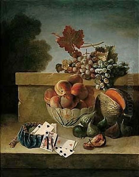 Still Life Of Peaches In A Porcelain Bowl, Together With Grapes, Figs, A Melon, And A Purse With Coins And Playing Cards, All Upon A Stone Ledge Oil Painting by Jean-Baptiste Oudry